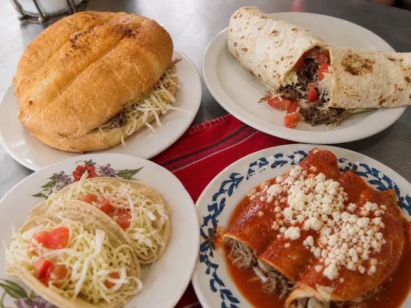 Selección de torta, burro, tacos y enchiladas