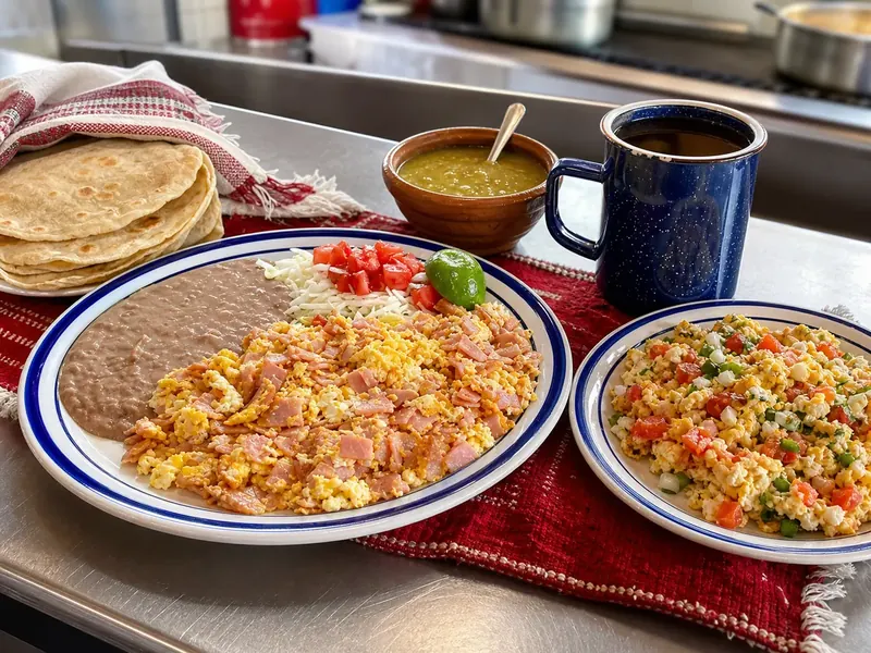 Desayuno con huevos, frijoles, tortillas y café