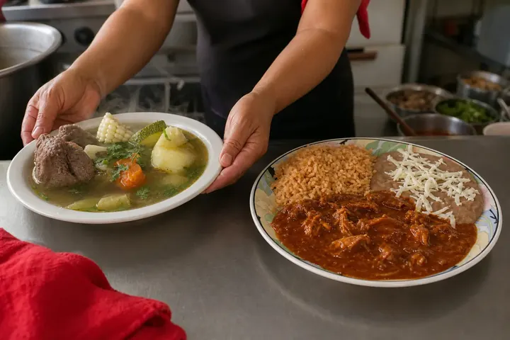 Manos sirviendo caldo de res junto a un plato de mole