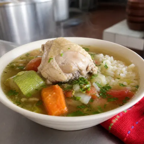 Caldo de pollo con arroz y verduras