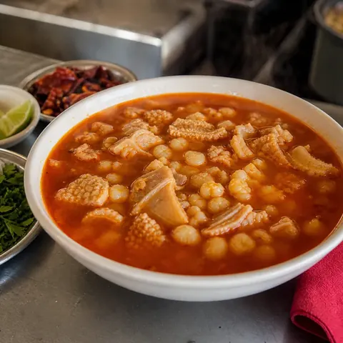 Menudo rojo con maíz servido caliente