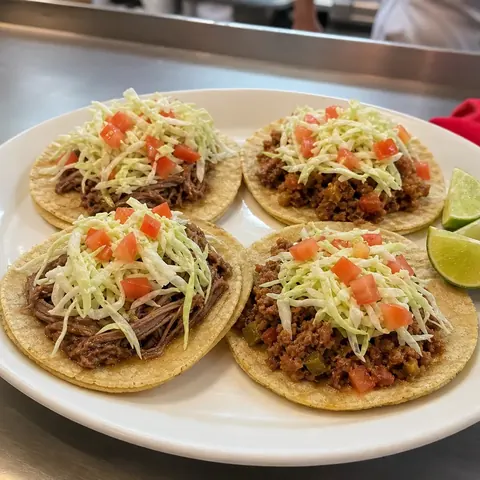 Tacos de deshebrada y picadillo con repollo y tomate